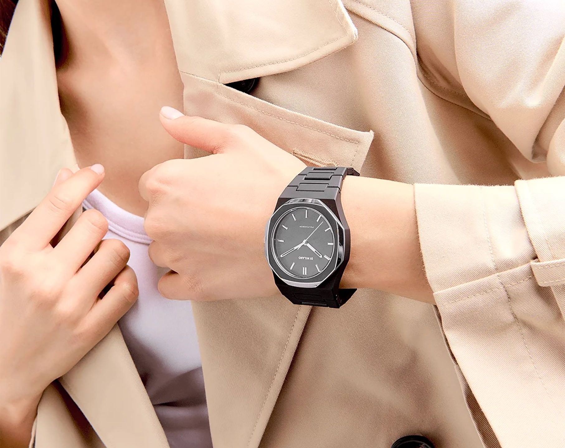 D1 Milano Polycarbon Quartz Women Watches in Octagon case Black Dial