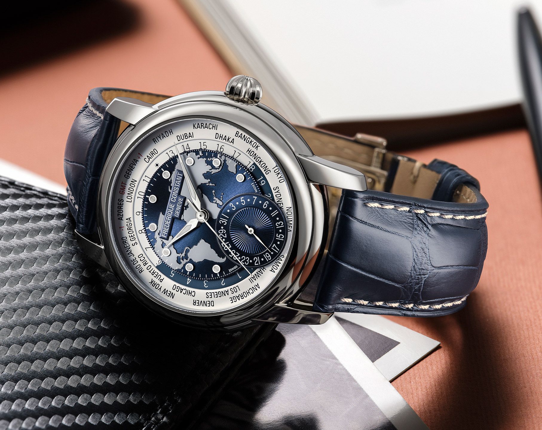 Frederique Constant Manufacture Classic WorldTimer 42 mm Watch in Blue Dial