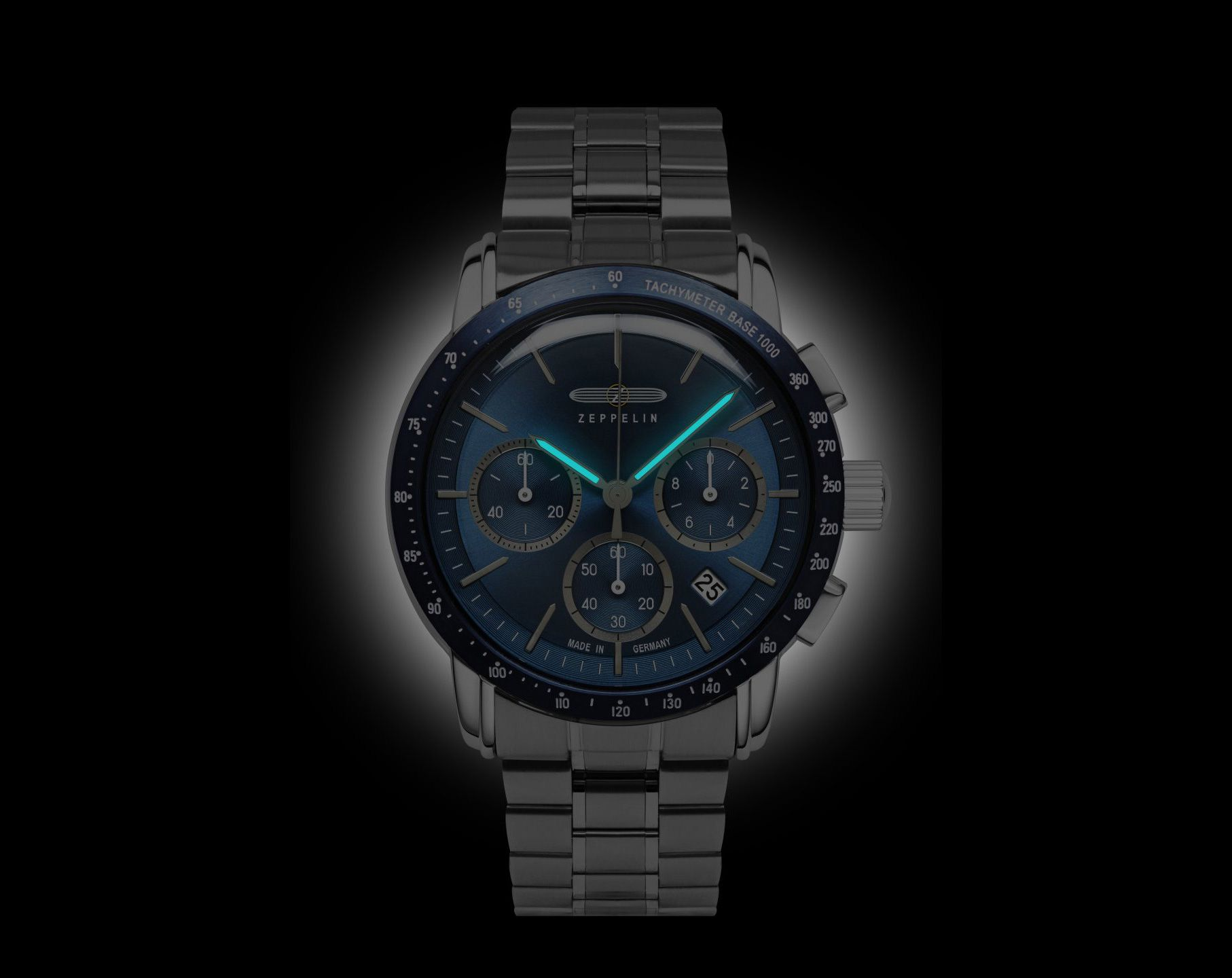 Zeppelin Orologio Da Uomo Mod. 7298m-3 | Cassa Acciaio 43mm | Quadrante Blu Con Cronografo E Tachimetro | Cinturino In Acciaio | Impermeabile 10 Bar